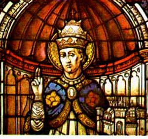 A stained glass window of St. Peter Celestine