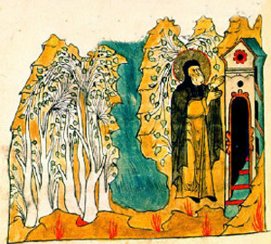 A medieval depiction of a monk making a journey