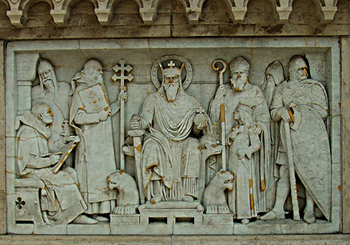 A carving of St. Stephen with his Bishops and Knights