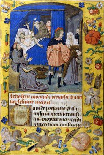A medieval depiction of a dying mann holding a blessed candle