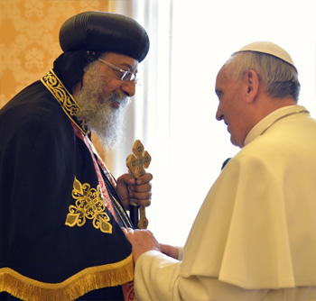 Tawadros II being warmly received by Pope Francis