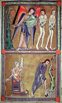 A medieval depiction of Adam and Even being ousted from paradise
