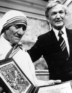Mother Teresa receiving the Nobel Peace prize