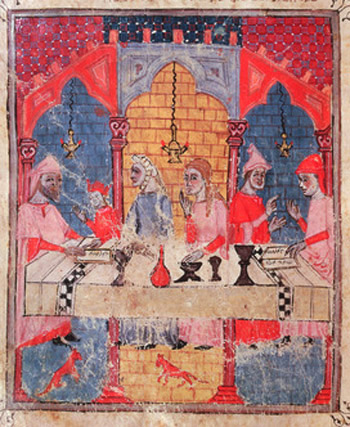 A medieval depiction of a seder meal passover