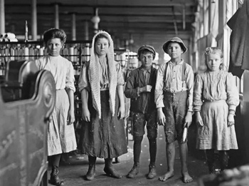 Black and white photograph of child factory workers of the late 19th century