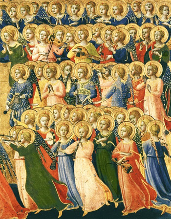 A painting of many angels singing and playing instruments