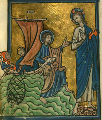 Medieval depiction of Christ and the miraculous draft of fishes at lake Tiberias