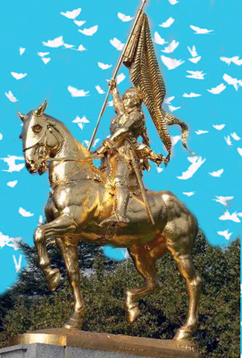 A statue of joan of arc juxtaposed against a backdrop of white butterflies