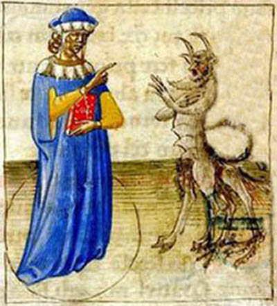 A medieval image of a man summoning a devil - necromancy