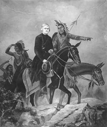 A picture depicting fr desmet with indian guides on horseback