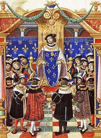 a medieval depiction of Louis IX surrounded by his courtiers