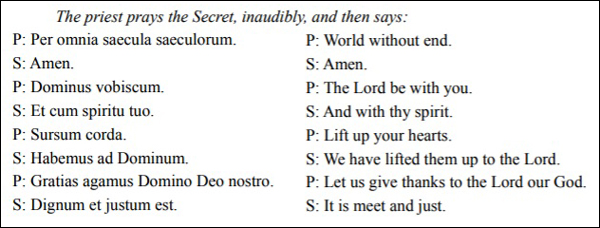 Latin and English text of the 'per omnia saecula' pray