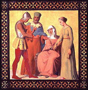 a renaissance depiction of a young soldier proposing to a chaste young women