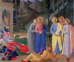 A painting by Fra Angelico showing the soldiers falling at the words of Our Lord