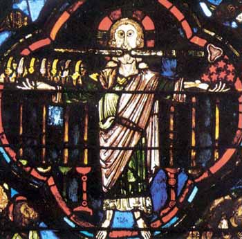 A stained glass window depicting Our Lord during the second coming
